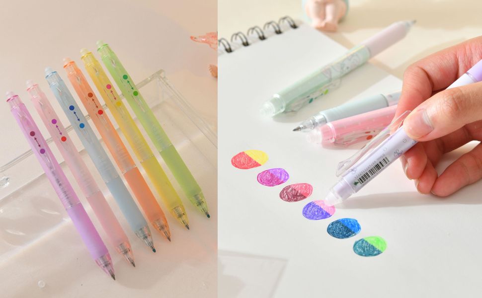 Pack of 6 pastel-colored, erasable gel pens that change color, each with a built-in magic eraser tip, in clear retail packaging. Perfect for creative writing and drawing from uSmile.toys." www.usmile.toys